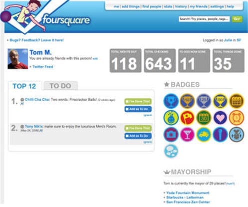 Homepage Foursquare met badges