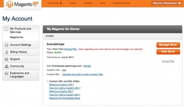 Magento Go account dahsboard