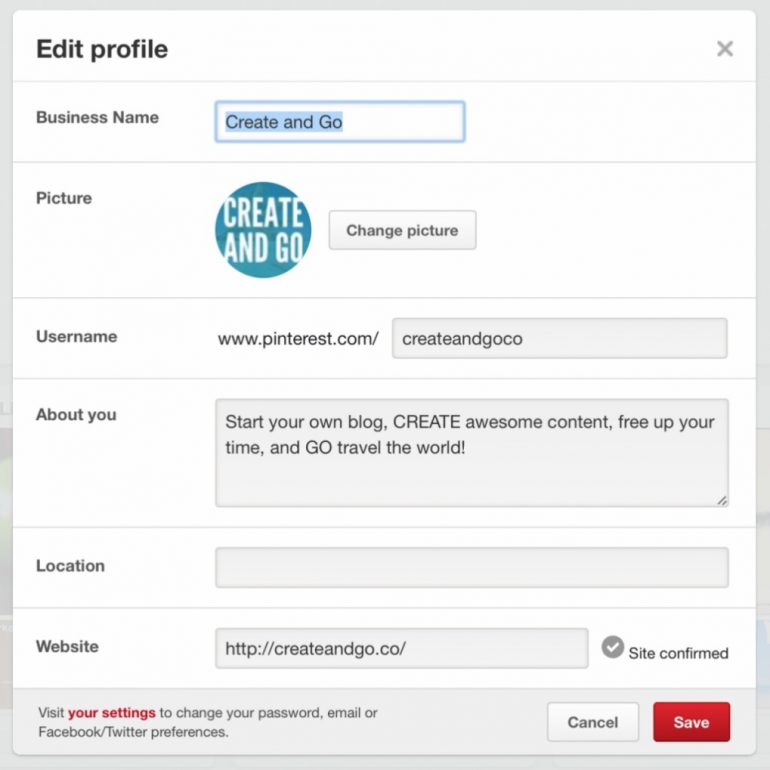 Business profiel van pinterest
