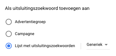 Screenshot van het toevoegen van en uitsluitingszoekwoord in google Ads.