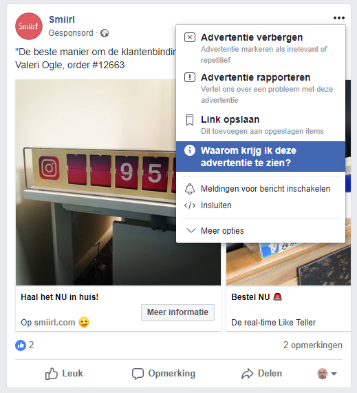 Advertenties timeline en zijbalk: van elke advertentie kan je ook uitgebreide informatie opvragen.