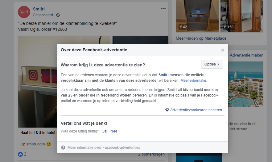 Advertenties timeline en zijbalk: toelichting waarom je de advertentie krijgt te zien.