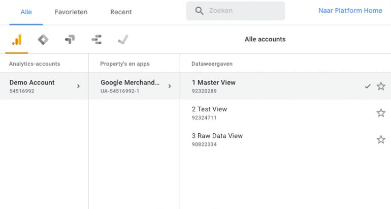 Google Analytics account property weergaven