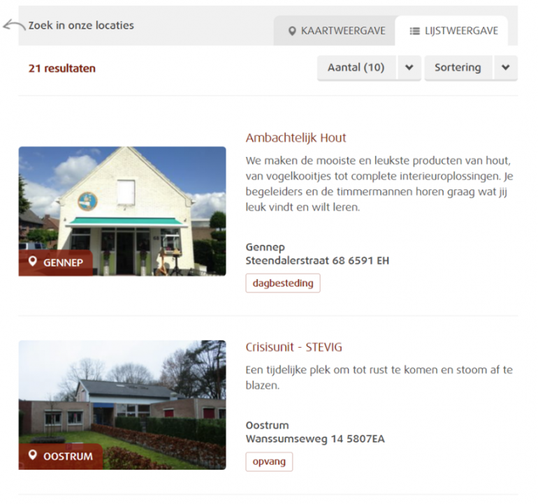 Lijstweergave van de locaties van zorginstelling DIchterbij