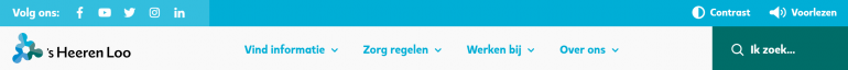 Screenshot van de bovenkant van de website van 's Heeren Loo met de mogelijkheden tot voorlezen en contrast keuze
