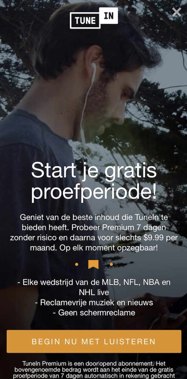 Screenshot van een app om radio te luisteren.