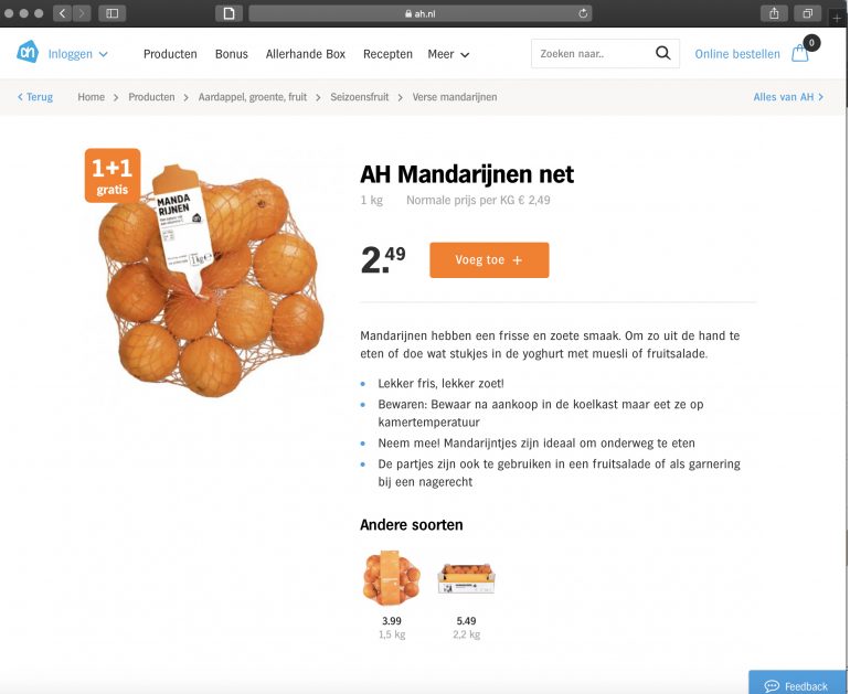 Screenshot van productpagina van Albert Heijn: mandarijnen.