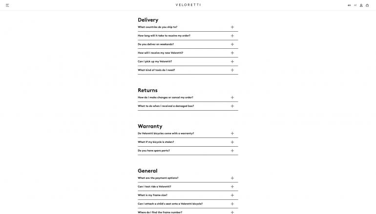 Voorbeeld FAQ-pagina Veloretti als onderdeel van klantenservice