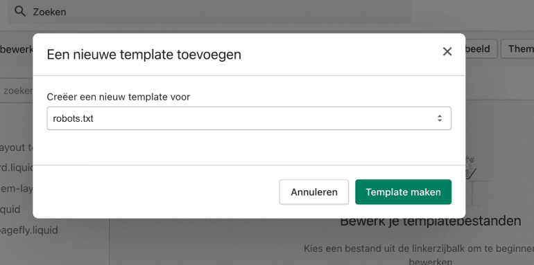 Nieuw template toevoegen in Shopify.