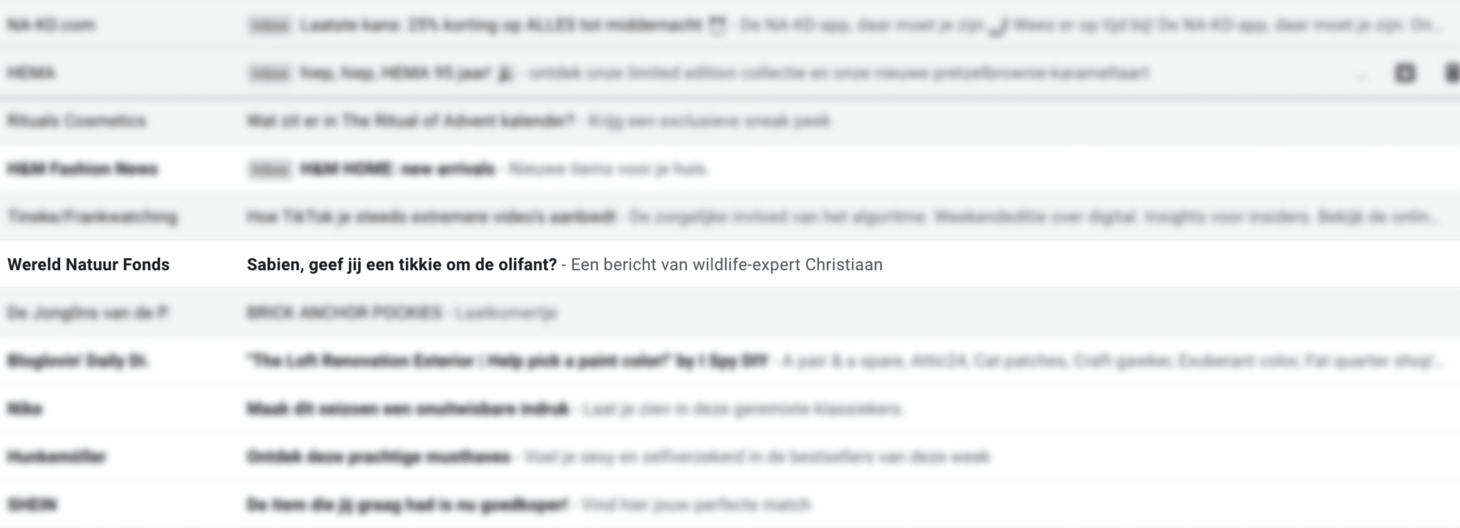 Emailinbox met mail van het Wereld Natuur Fonds