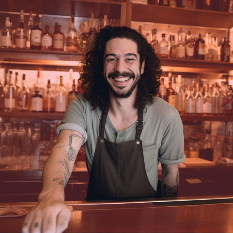 Midjourney voorbeeld van een barman die in de camera lacht