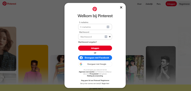 Screenshot inlogmogelijkheden Pinterst