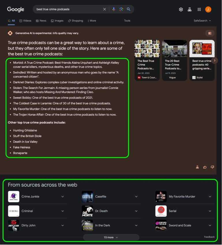 Voorbeeld AI-snapshot met daaronder de organische zoekresultaten met andere suggesties